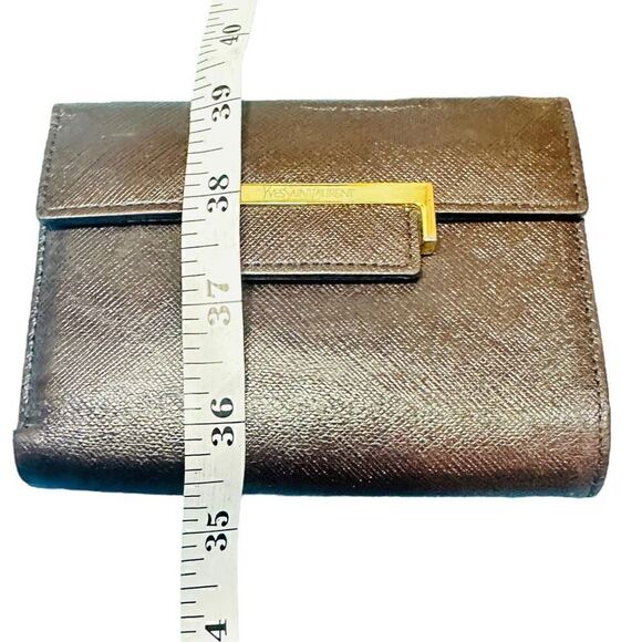 YSL YVES SAINT LAURENT Dark Brown Goldtone Saffiano Leather Kisslock Wallet Bag - Picture 6 of 13